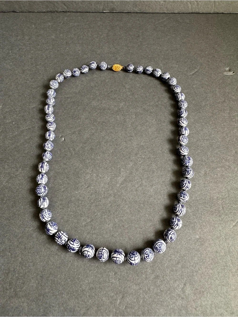 Vintage Chinese Shou Bead Necklace Blue White Porcelain Beaded Longevity 24
